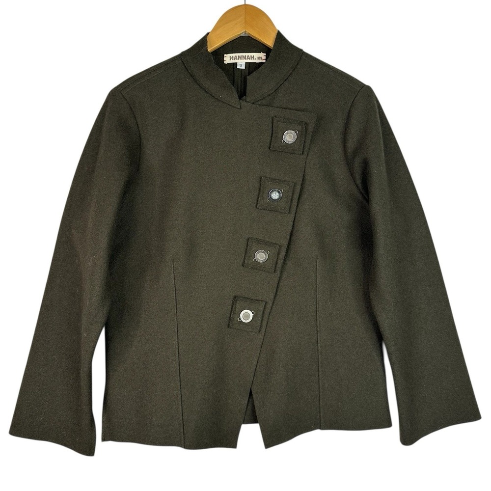 Hannah‎ M Asymmetrical Wool Jacket Olive Green Magnetic Closure Womens Small USA